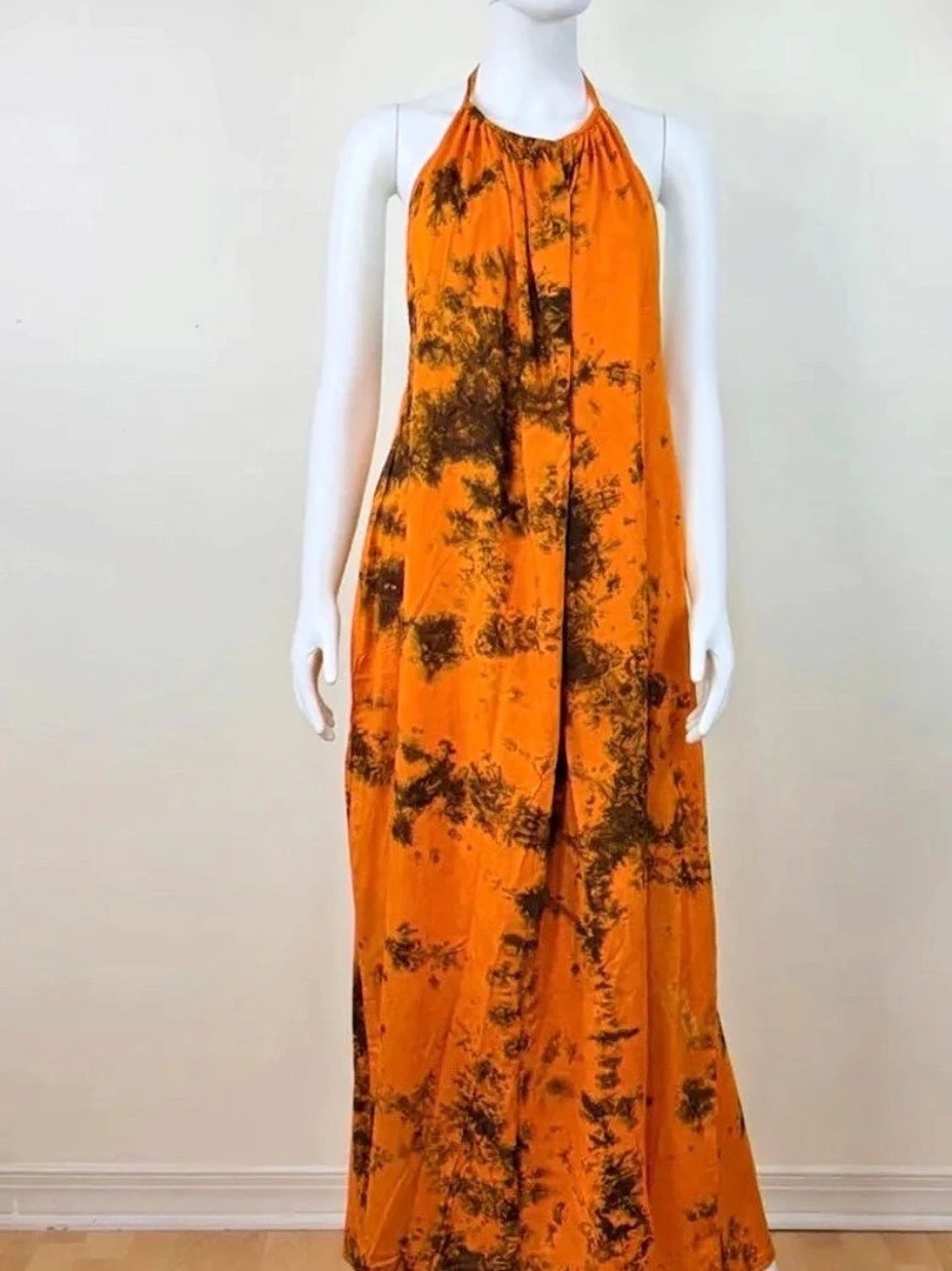 Abstract Halter Maxi Dress in Orange & Black Like New